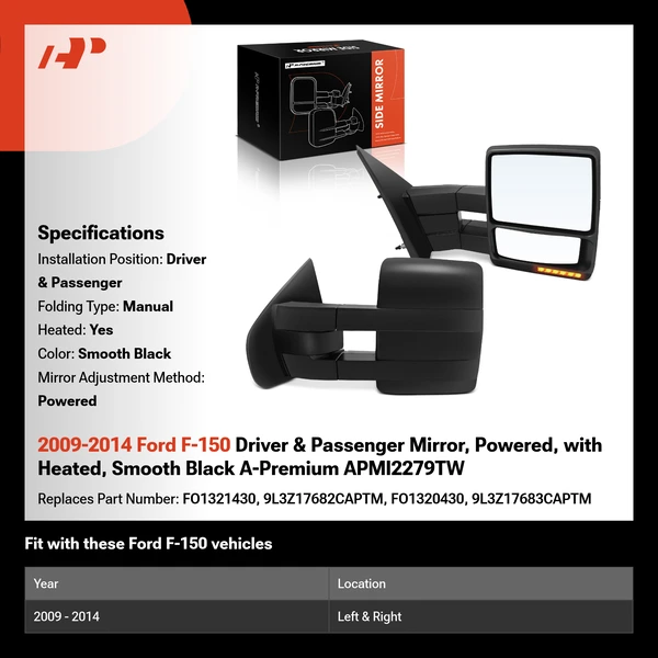 2009-2014 Ford F-150 Driver & Passenger Mirror, Powered, with Heated, Smooth Black A-Premium APMI2279TW