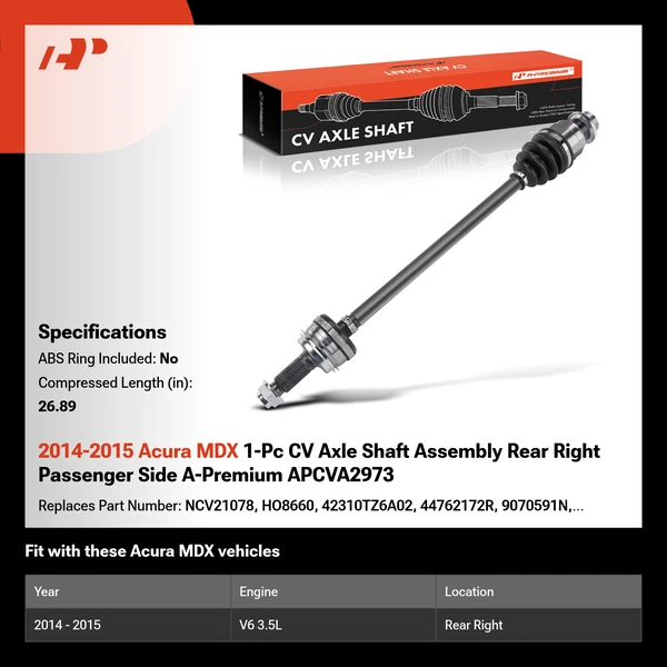 2014-2015 Acura MDX 1-Pc CV Axle Shaft Assembly Rear Right Passenger Side A-Premium APCVA2973