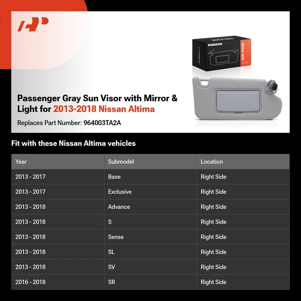 Passenger Gray Sun Visor with Mirror & Light for 2013-2018 Nissan Altima