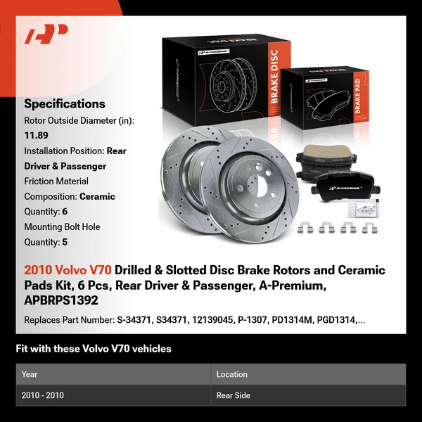 2010 Volvo V70 Drilled & Slotted Disc Brake Rotors and Ceramic Pads Kit, 6 Pcs, Rear Driver & Passenger, A-Premium, APBRPS1392