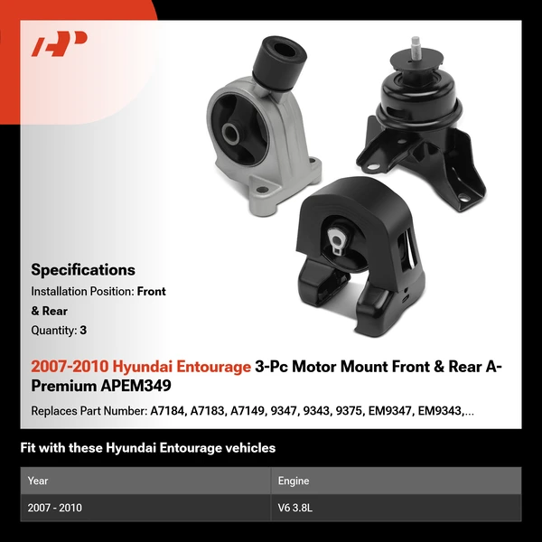 2007-2010 Hyundai Entourage 3-Pc Motor Mount Front & Rear A-Premium APEM349