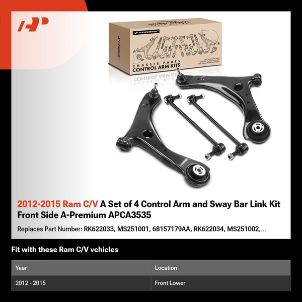 2012-2015 Ram C/V A Set of 4 Control Arm and Sway Bar Link Kit Front Side A-Premium APCA3535