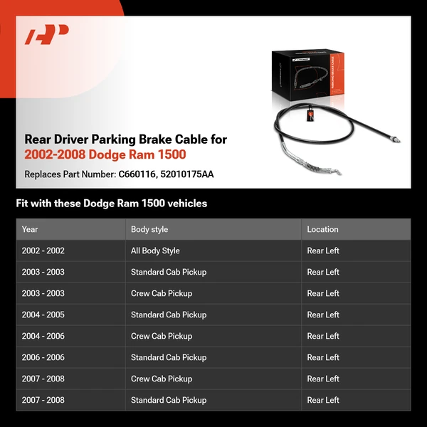 Rear Driver Parking Brake Cable for 2002-2008 Dodge Ram 1500