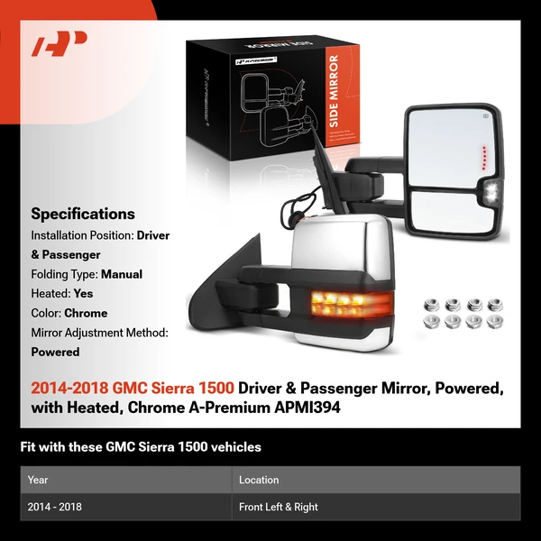2014-2018 GMC Sierra 1500 Driver & Passenger Mirror, Powered, with Heated, Chrome A-Premium APMI394
