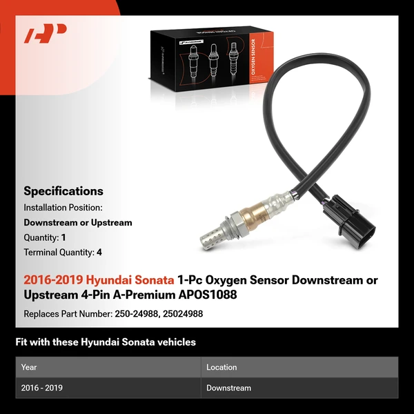 2016-2019 Hyundai Sonata 1-Pc Oxygen Sensor Downstream or Upstream 4-Pin A-Premium APOS1088