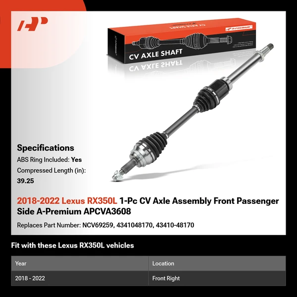 2018-2022 Lexus RX350L 1-Pc CV Axle Assembly Front Passenger Side A-Premium APCVA3608