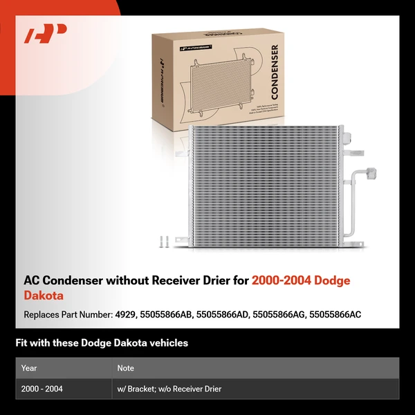 AC Condenser without Receiver Drier for 2000-2004 Dodge Dakota