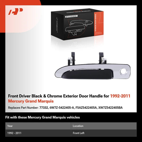 Front Driver Black & Chrome Exterior Door Handle for 1992-2011 Mercury Grand Marquis