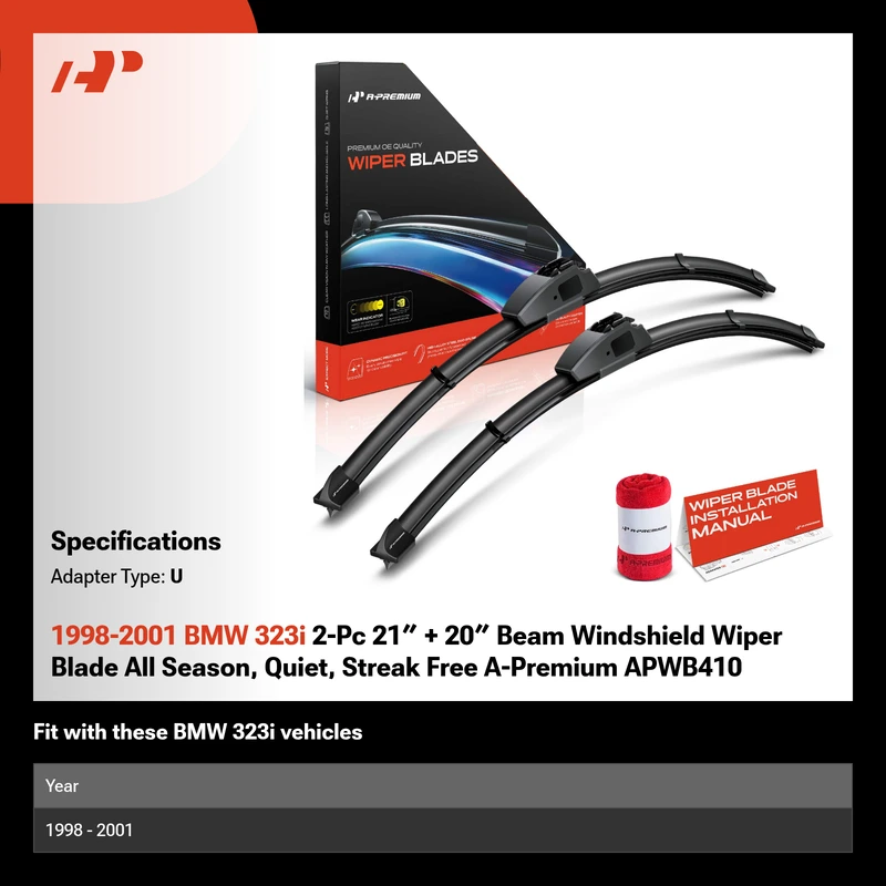 1998-2001 BMW 323i 2-Pc 21″ + 20″ Beam Windshield Wiper Blade All Season, Quiet, Streak Free A-Premium APWB410