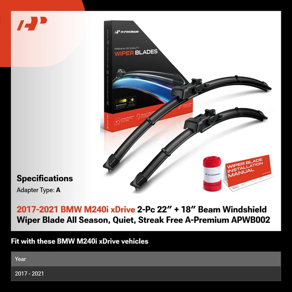 2017-2021 BMW M240i xDrive 2-Pc 22″ + 18″ Beam Windshield Wiper Blade All Season, Quiet, Streak Free A-Premium APWB002