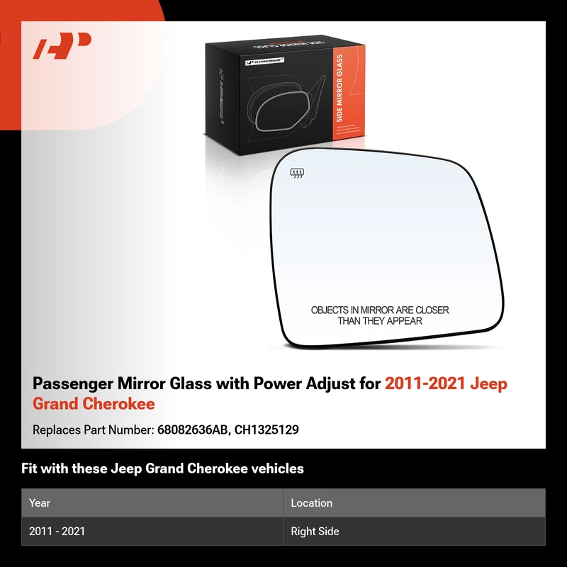 Passenger Mirror Glass with Power Adjust for 2011-2021 Jeep Grand Cherokee