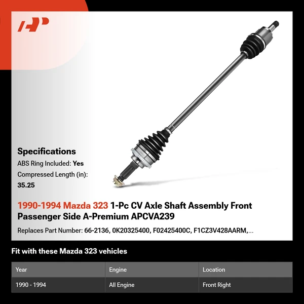1990-1994 Mazda 323 1-Pc CV Axle Shaft Assembly Front Passenger Side A-Premium APCVA239