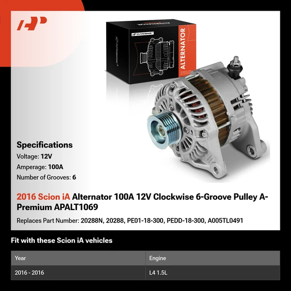 2016 Scion iA Alternator 100A 12V Clockwise 6-Groove Pulley A-Premium APALT1069