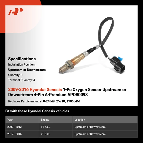 2009-2016 Hyundai Genesis 1-Pc Oxygen Sensor Upstream or Downstream 4-Pin A-Premium APOS0098