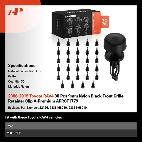 2006-2015 Toyota RAV4 30 Pcs 9mm Nylon Black Front Grille Retainer Clip A-Premium APRCF1779