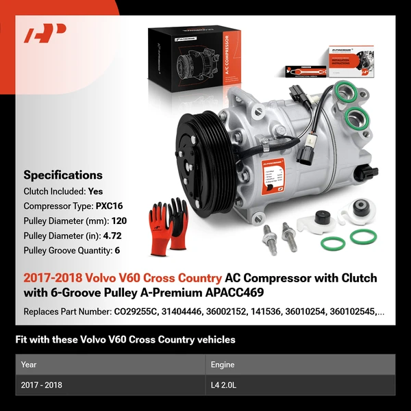 2017-2018 Volvo V60 Cross Country AC Compressor with Clutch with 6-Groove Pulley A-Premium APACC469