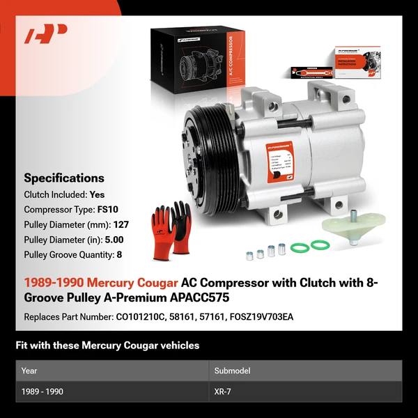 1989-1990 Mercury Cougar AC Compressor with Clutch with 8-Groove Pulley A-Premium APACC575