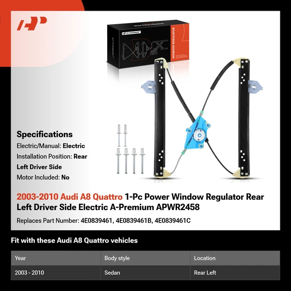 2003-2010 Audi A8 Quattro 1-Pc Power Window Regulator Rear Left Driver Side Electric A-Premium APWR2458