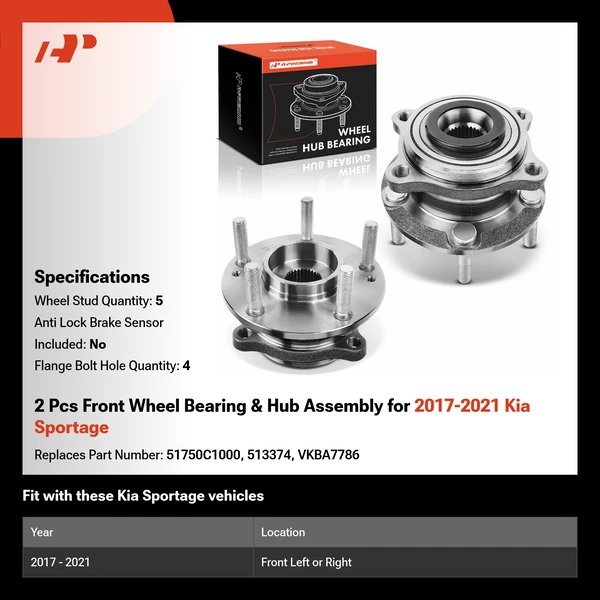 2 Pcs Front Wheel Bearing & Hub Assembly for 2017-2021 Kia Sportage