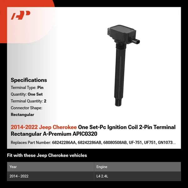2014-2022 Jeep Cherokee One Set-Pc Ignition Coil 2-Pin Terminal Rectangular A-Premium APIC0320