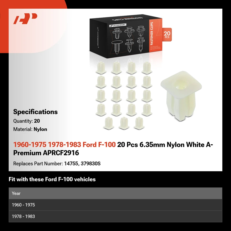 1960-1975 1978-1983 Ford F-100 20 Pcs 6.35mm Nylon White A-Premium APRCF2916