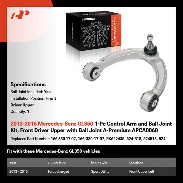 2013-2016 Mercedes-Benz GL350 1-Pc Control Arm and Ball Joint Kit, Front Driver Upper with Ball Joint A-Premium APCA0060