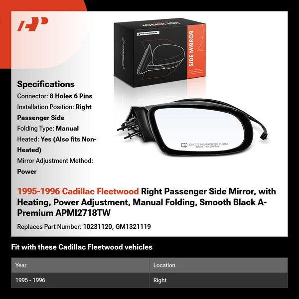 1995-1996 Cadillac Fleetwood Right Passenger Side Mirror, with Heating, Power Adjustment, Manual Folding, Smooth Black A-Premium APMI2718TW
