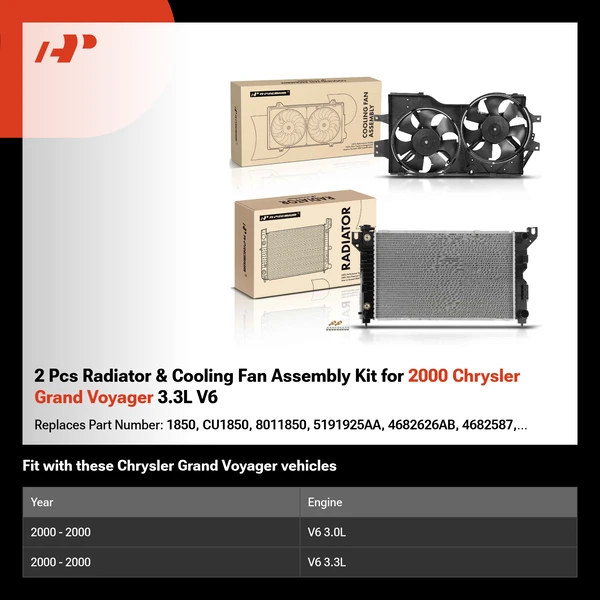 2 Pcs Radiator & Cooling Fan Assembly Kit for 2000 Chrysler Grand Voyager 3.3L V6