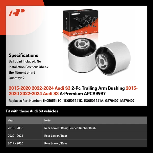 2015-2020 2022-2024 Audi S3 2-Pc Trailing Arm Bushing 2015-2020 2022-2024 Audi S3 A-Premium APCA9997