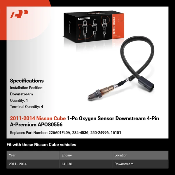 2011-2014 Nissan Cube 1-Pc Oxygen Sensor Downstream 4-Pin A-Premium APOS0556