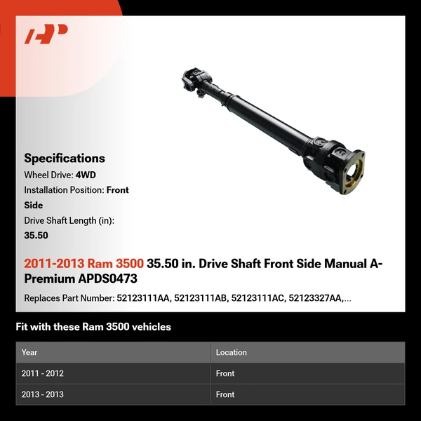 2011-2013 Ram 3500 35.50 in. Drive Shaft Front Side Manual A-Premium APDS0473