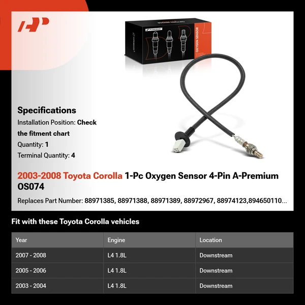 2003-2008 Toyota Corolla 1-Pc Oxygen Sensor 4-Pin A-Premium OS074