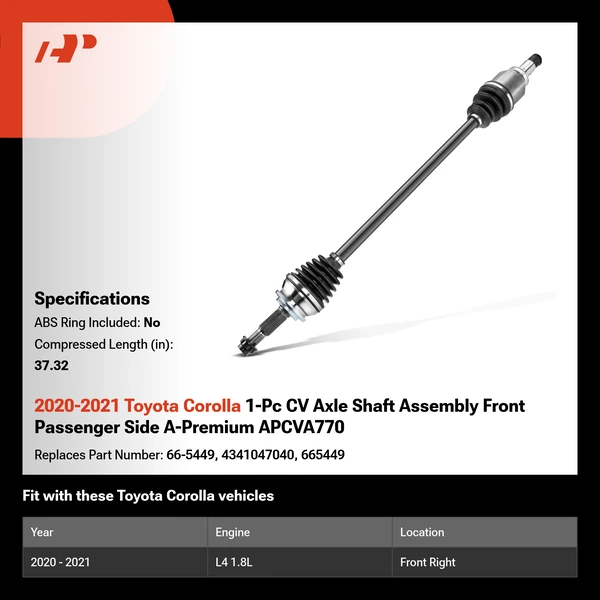 2020-2021 Toyota Corolla 1-Pc CV Axle Shaft Assembly Front Passenger Side A-Premium APCVA770