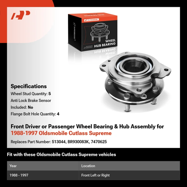 Front Driver or Passenger Wheel Bearing & Hub Assembly for 1988-1997 Oldsmobile Cutlass Supreme