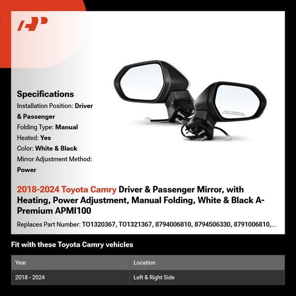 2018-2024 Toyota Camry Driver & Passenger Mirror, with Heating, Power Adjustment, Manual Folding, White & Black A-Premium APMI100