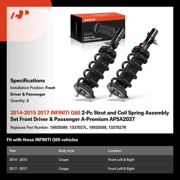 2014-2015 2017 INFINITI Q60 2-Pc Strut and Coil Spring Assembly Set Front Driver & Passenger A-Premium APSA2037