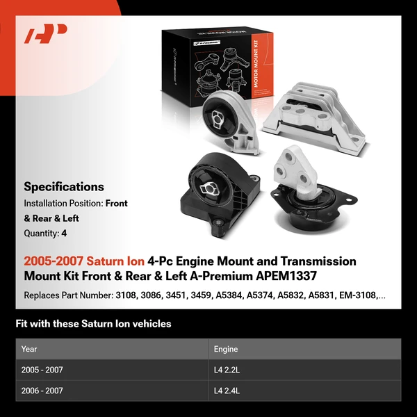 2005-2007 Saturn Ion 4-Pc Engine Mount and Transmission Mount Kit Front & Rear & Left A-Premium APEM1337