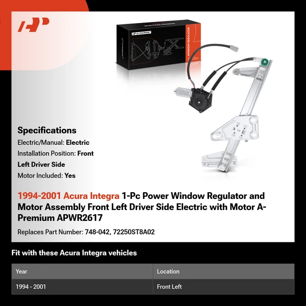 1994-2001 Acura Integra 1-Pc Power Window Regulator and Motor Assembly Front Left Driver Side Electric with Motor A-Premium APWR2617