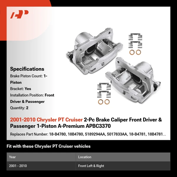 2001-2010 Chrysler PT Cruiser 2-Pc Brake Caliper Front Driver & Passenger 1-Piston A-Premium APBC3370