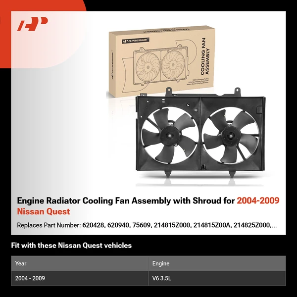 Engine Radiator Cooling Fan Assembly with Shroud for 2004-2009 Nissan Quest