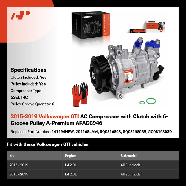 2015-2019 Volkswagen GTI AC Compressor with Clutch with 6-Groove Pulley A-Premium APACC946