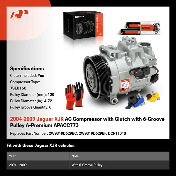 2004-2009 Jaguar XJR AC Compressor with Clutch with 6-Groove Pulley A-Premium APACC773