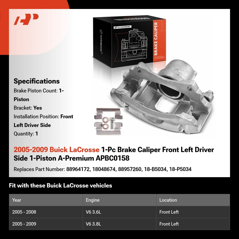 2005-2009 Buick LaCrosse 1-Pc Brake Caliper Front Left Driver Side 1-Piston A-Premium APBC0158