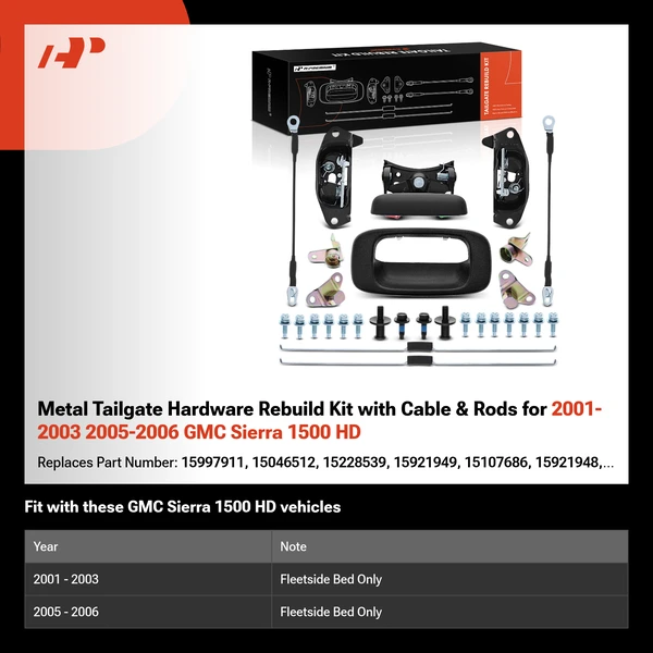 Metal Tailgate Hardware Rebuild Kit with Cable & Rods for 2001-2003 2005-2006 GMC Sierra 1500 HD
