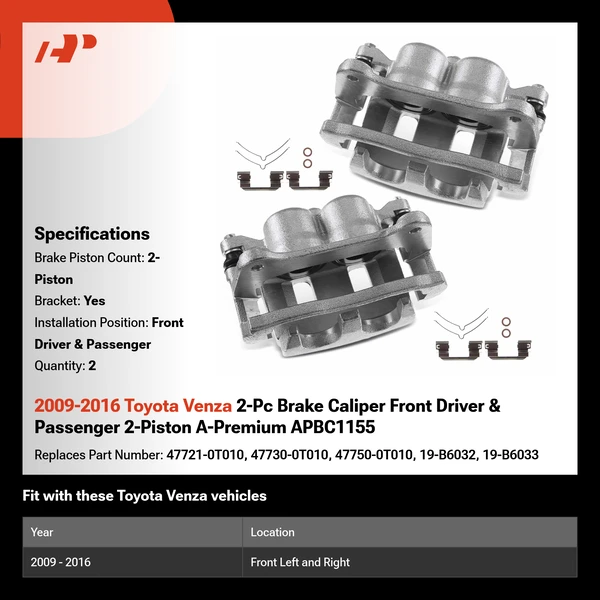 2009-2016 Toyota Venza 2-Pc Brake Caliper Front Driver & Passenger 2-Piston A-Premium APBC1155