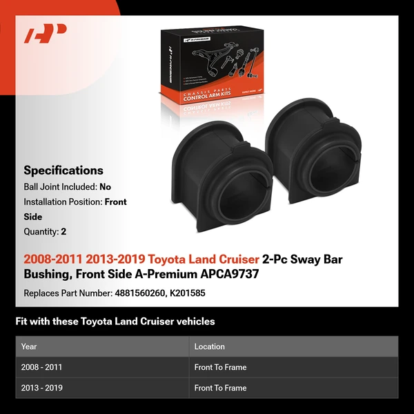 2008-2011 2013-2019 Toyota Land Cruiser 2-Pc Sway Bar Bushing, Front Side A-Premium APCA9737