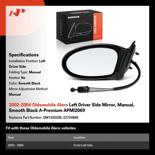 2002-2004 Oldsmobile Alero Left Driver Side Mirror, Manual, Smooth Black A-Premium APMI2069