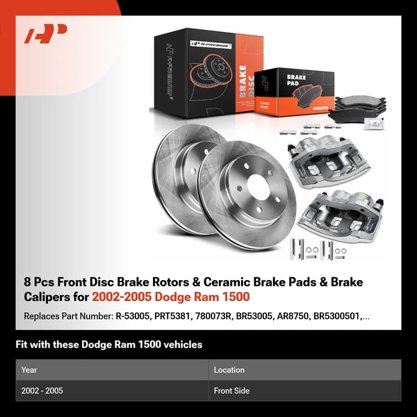 8 Pcs Front Disc Brake Rotors & Ceramic Brake Pads & Brake Calipers for 2002-2005 Dodge Ram 1500