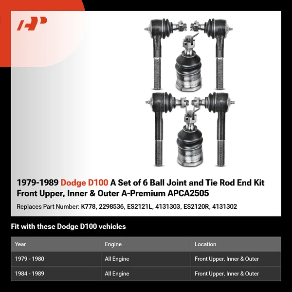 1979-1989 Dodge D100 A Set of 6 Ball Joint and Tie Rod End Kit Front Upper, Inner & Outer A-Premium APCA2505