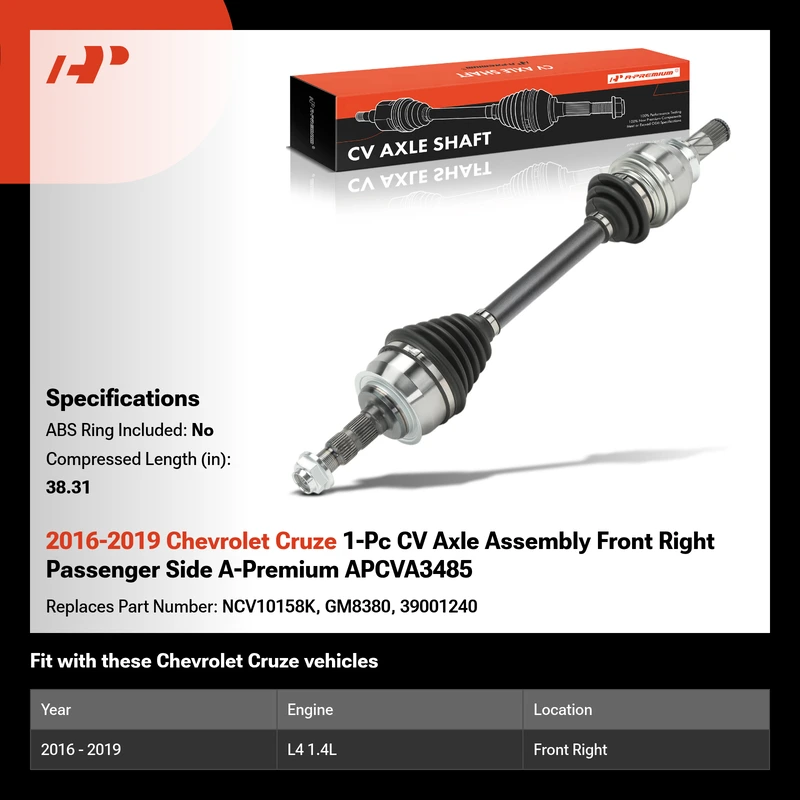 2016-2019 Chevrolet Cruze 1-Pc CV Axle Assembly Front Right Passenger Side A-Premium APCVA3485